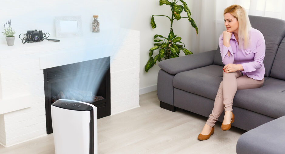 Women watching Air Purifier clean the Air in Living Room